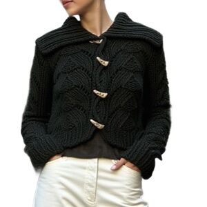 Maxmara Weekend Cable-knit cropped wool cardigan in Black Size Small